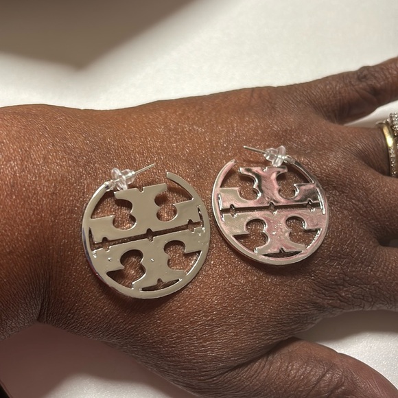 Silver Logo Hoop Earrings - Picture 2 of 6